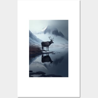 Nordic Winter Reflection Reindeer in a Mountain Valley Art Print Posters and Art